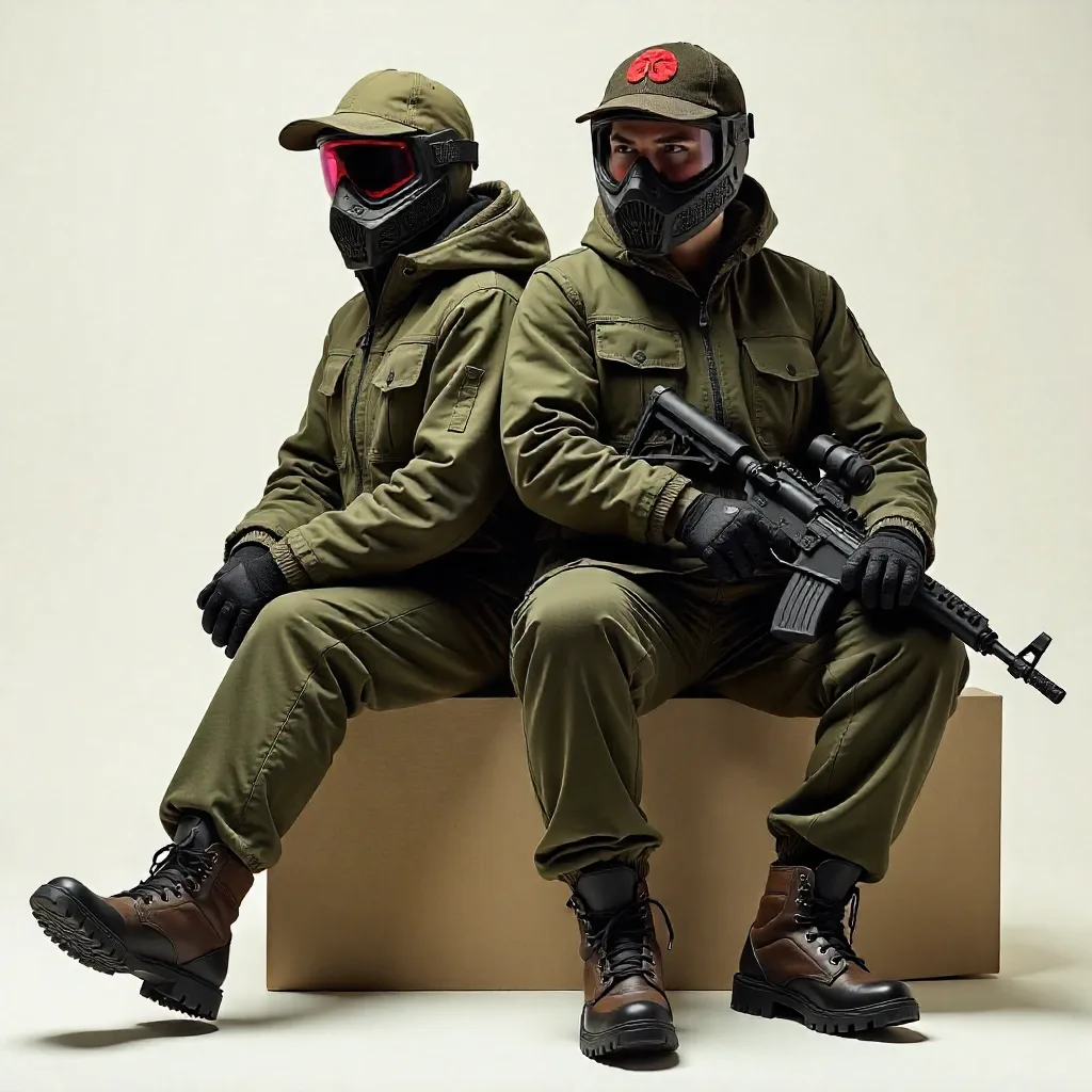 Illustration de joueurs de paintball équipés de masques, gants et lanceurs, prêts à commencer une partie en plein air, dans une ambiance dynamique et sportive.