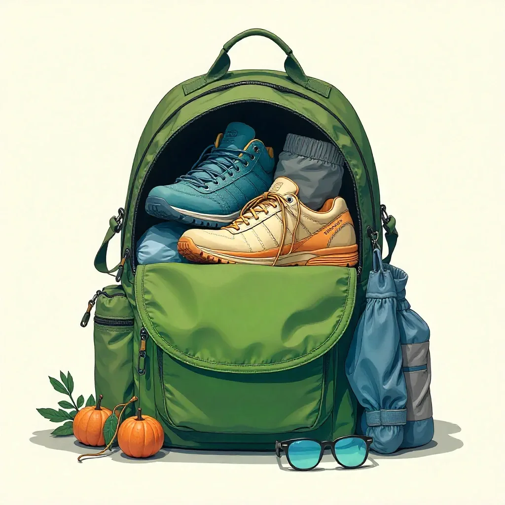 Illustration conceptuelle d’un sac à dos ouvert laissant apparaître des équipements de base pour les activités outdoor : gourde, chaussures de randonnée, trousse de secours, lunettes de soleil et vêtements adaptés.