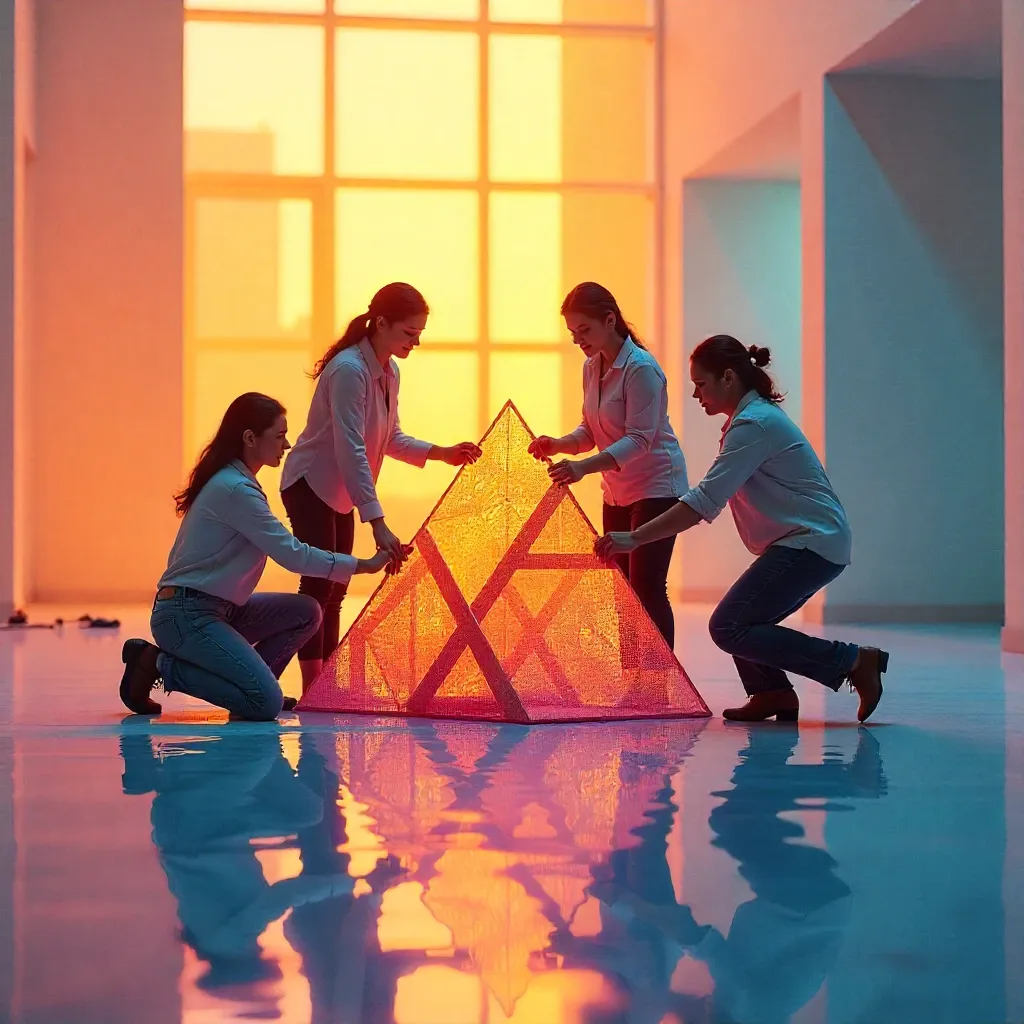 Illustration conceptuelle d’une équipe construisant ensemble une structure symbolique, représentant la collaboration, l’entraide et l’esprit collectif dans un contexte professionnel.