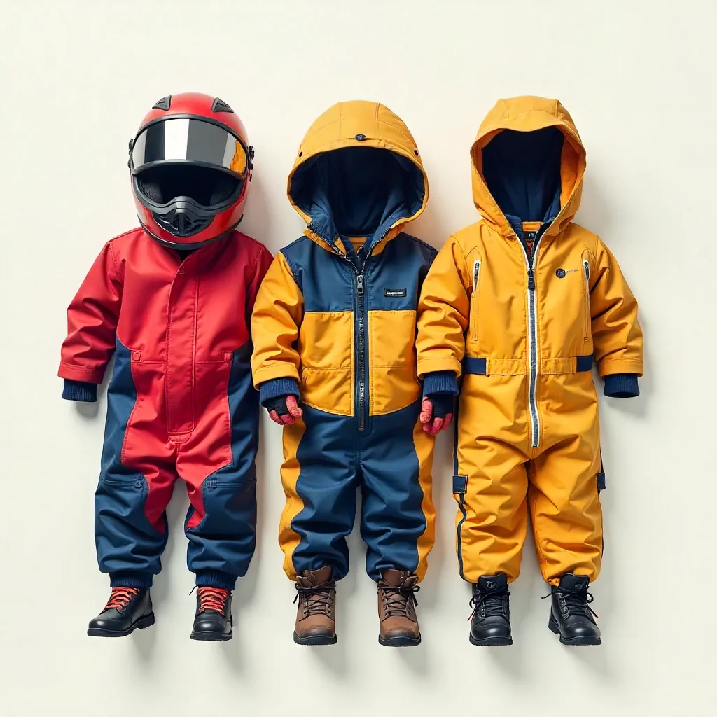 Illustration stylisée montrant les équipements essentiels : casque, minerve, combinaison, gants et chaussures fermées pour enfant.