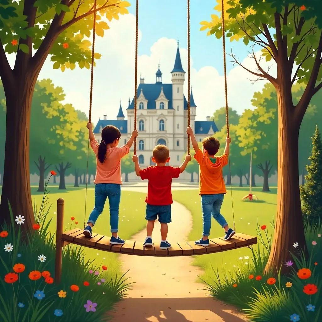 Illustration d’enfants évoluant sur un parcours d’aventure avec cordes, tyrolienne et passerelles en bois, le château de Chantilly visible en fond.
