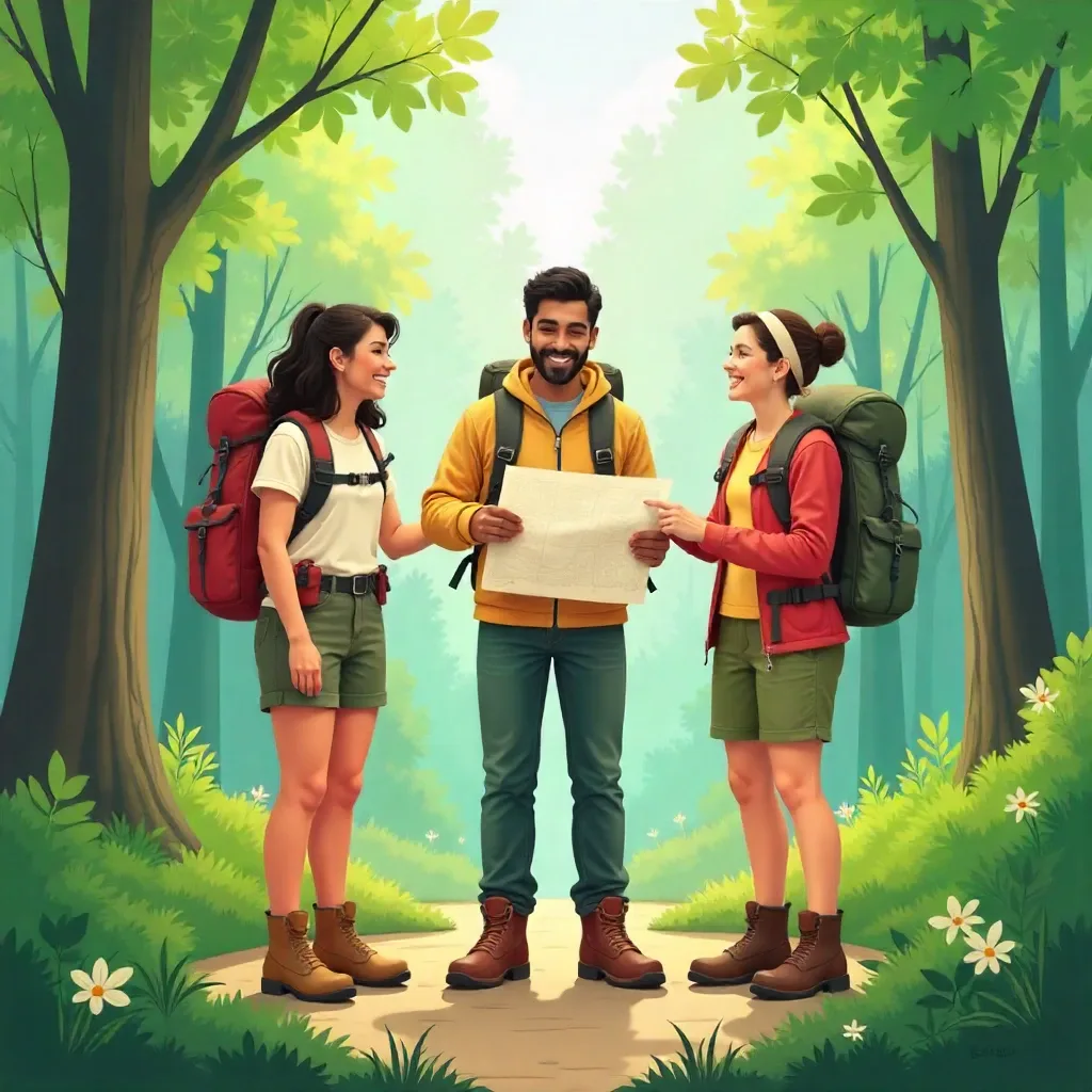 Illustration de plusieurs aventuriers en plein air, équipés de sacs à dos, chaussures de randonnée et vêtements techniques, prêts pour une journée d’activités.