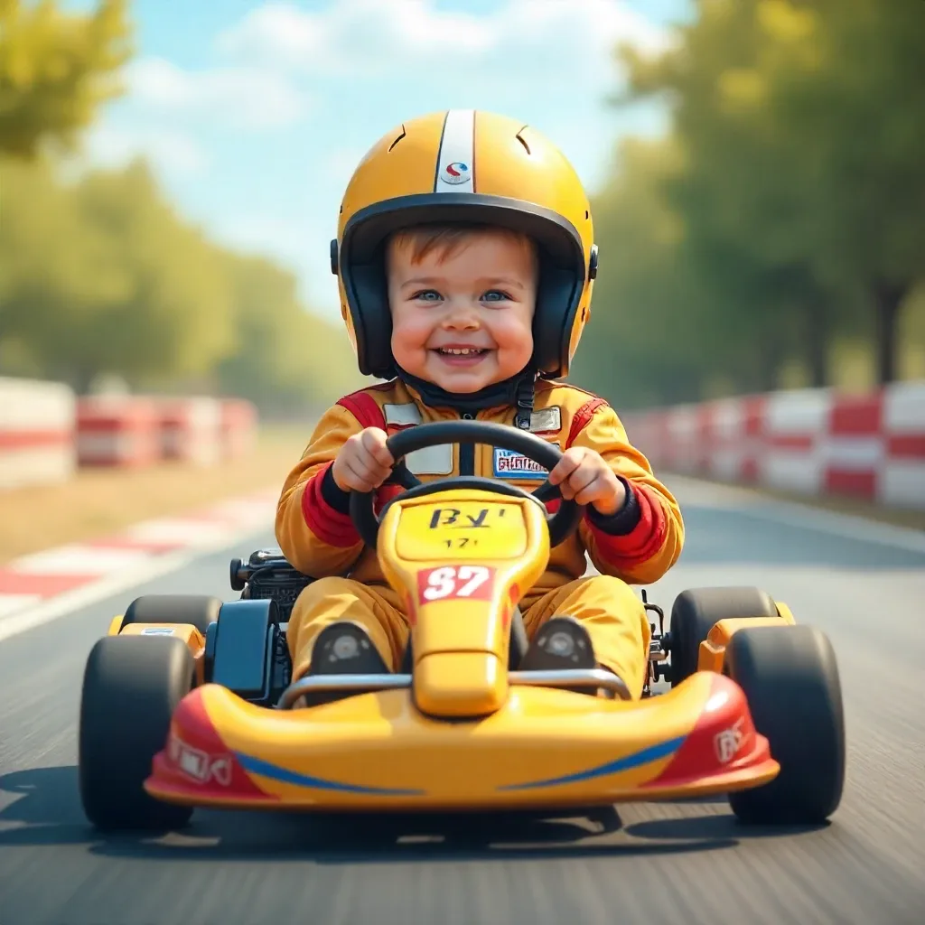 Illustration d’un enfant équipé d’un casque et d’une combinaison de karting, assis dans un petit kart sécurisé sur une piste adaptée.