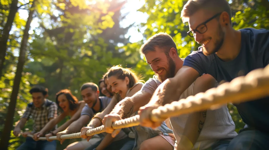 Activité de team building : des collègues participent à un tir à la corde