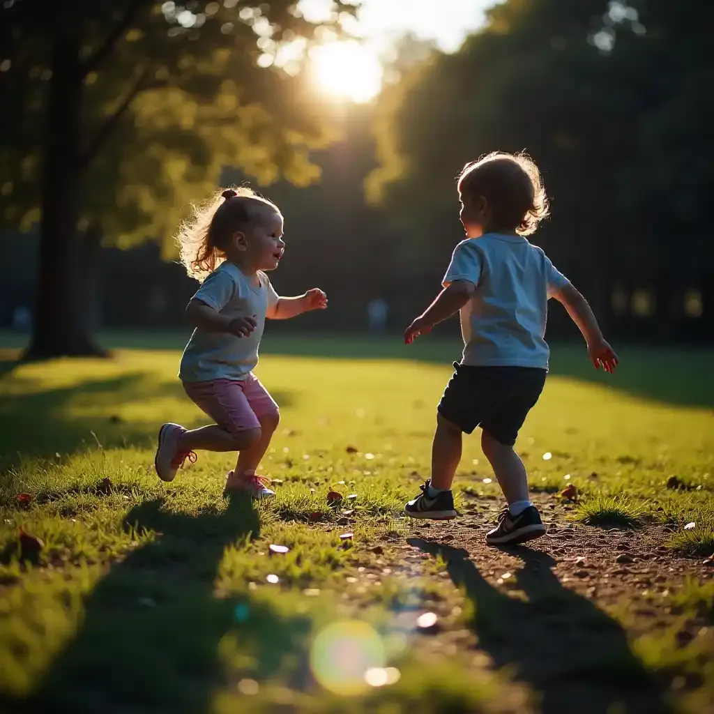 Enfants courant et jouant en extérieur montrant les bienfaits du plein air