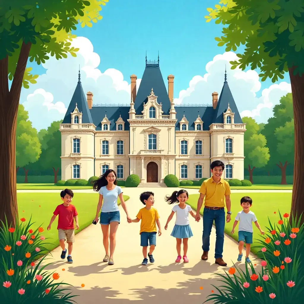 Vue artistique du parc du Château de Chantilly animé par des enfants et parents participant à des ateliers ludiques et éducatifs.