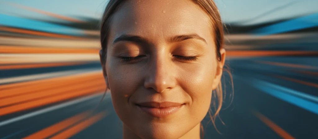 femme souriante avec les yeux fermés après une course de karting