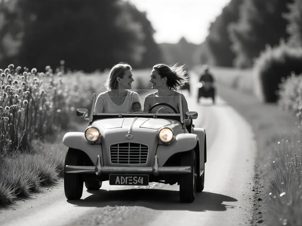 Buggy vintage rétro à 3 places roulant dans le Pays d’Auge près de Deauville, avec des passagers profitant d’une balade conviviale entre bocages et haras normands.