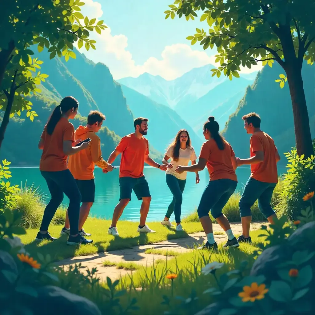 Illustration d’un groupe de collaborateurs participant à une activité de team building en extérieur lors d’un séminaire.