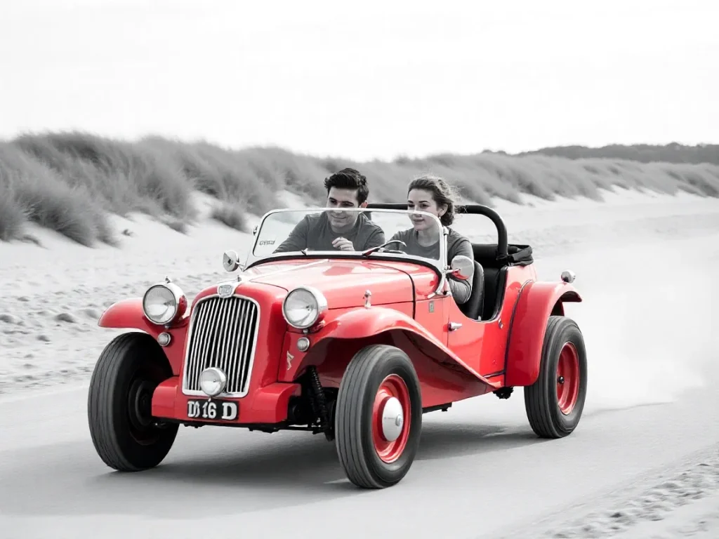 Buggy vintage rétro à 3 places roulant dans le Pays d’Auge près de Deauville, avec des passagers profitant d’une balade conviviale entre bocages et haras normands.