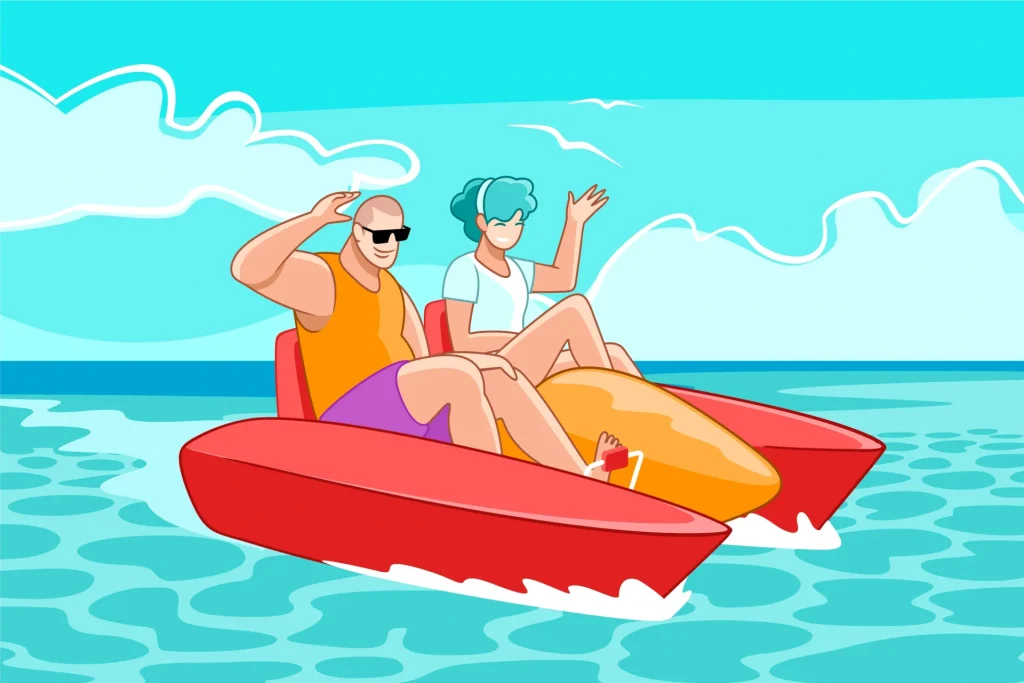 Location pédalo Enghien-les-Bains ». Illustration centrale d’un pédalo stylisé sur l’eau, entouré de trois encadrés indiquant : Pédalo 2 places – 25€, Pédalo 4 places – 35€, Bateau électrique 5 places – 50€. Couleurs vives bleu et vert, style simple et lisible sur mobile.