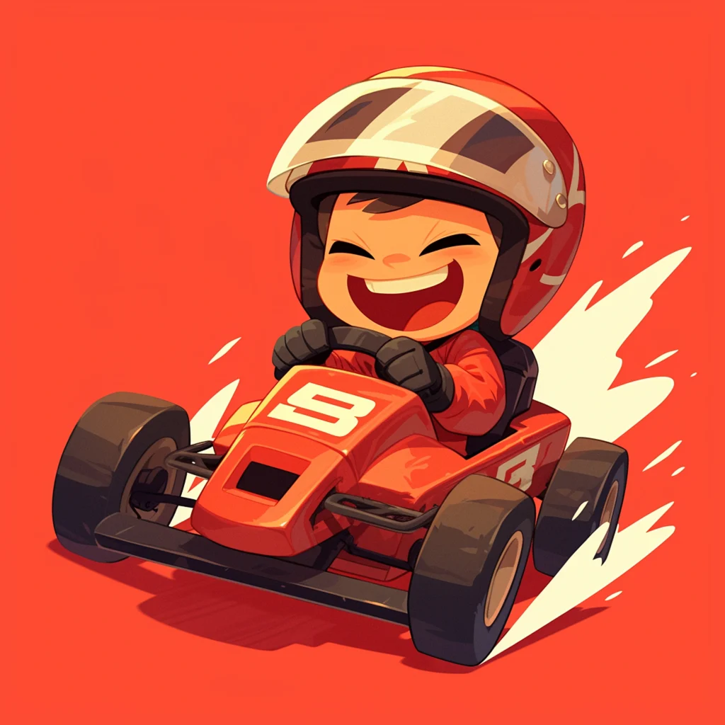 Illustration amusante d’un enfant souriant au volant de son kart pendant une course de karting enfant à Deauville.