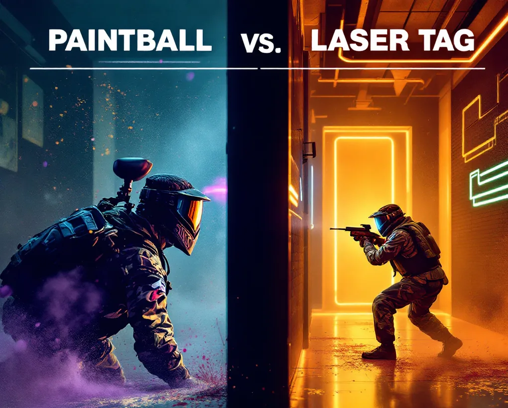 Infographie comparative entre le paintball et le laser game, illustrant leurs équipements, environnements de jeu, intensité physique et accessibilité selon l’âge.