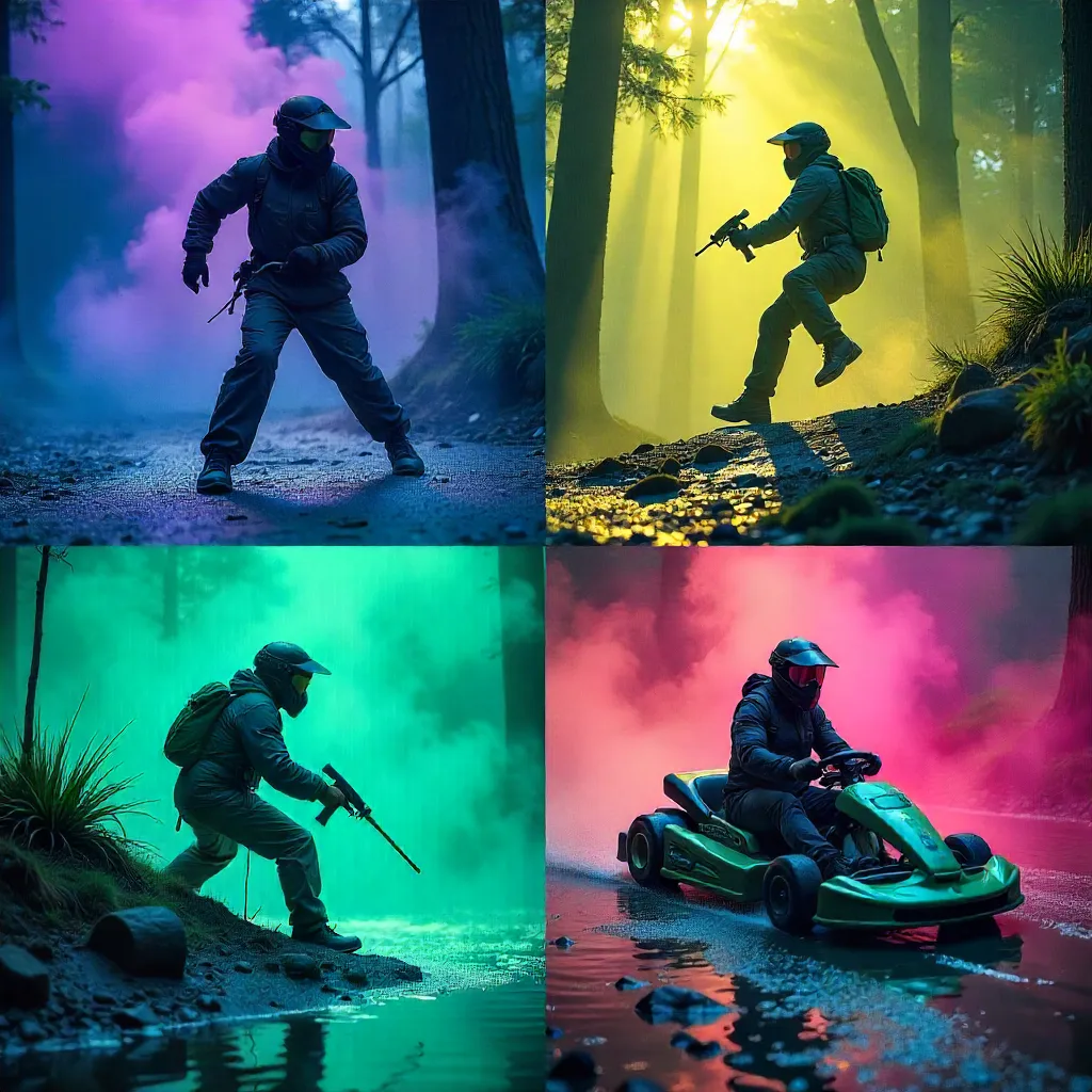 Illustration représentant les activités emblématiques d’un EVG : paintball et karting.