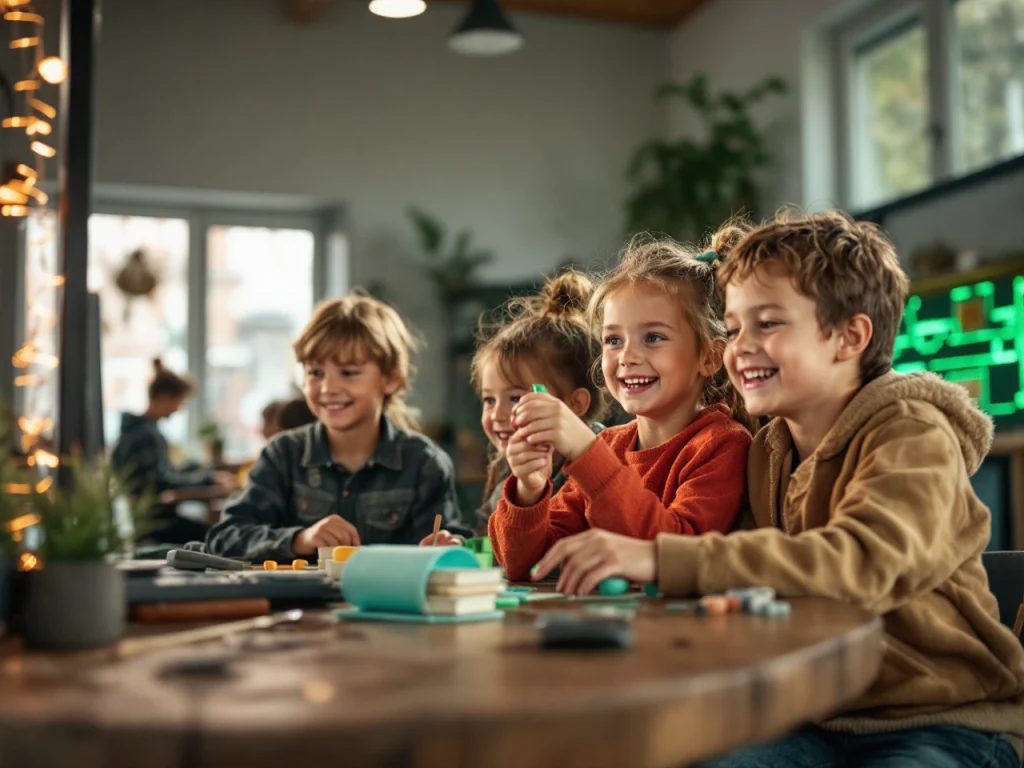 Scène réaliste montrant des enfants de différents âges participant à des activités d’anniversaire adaptées : jeux ludiques, laser game, karting ou escape game dans un centre de loisirs.