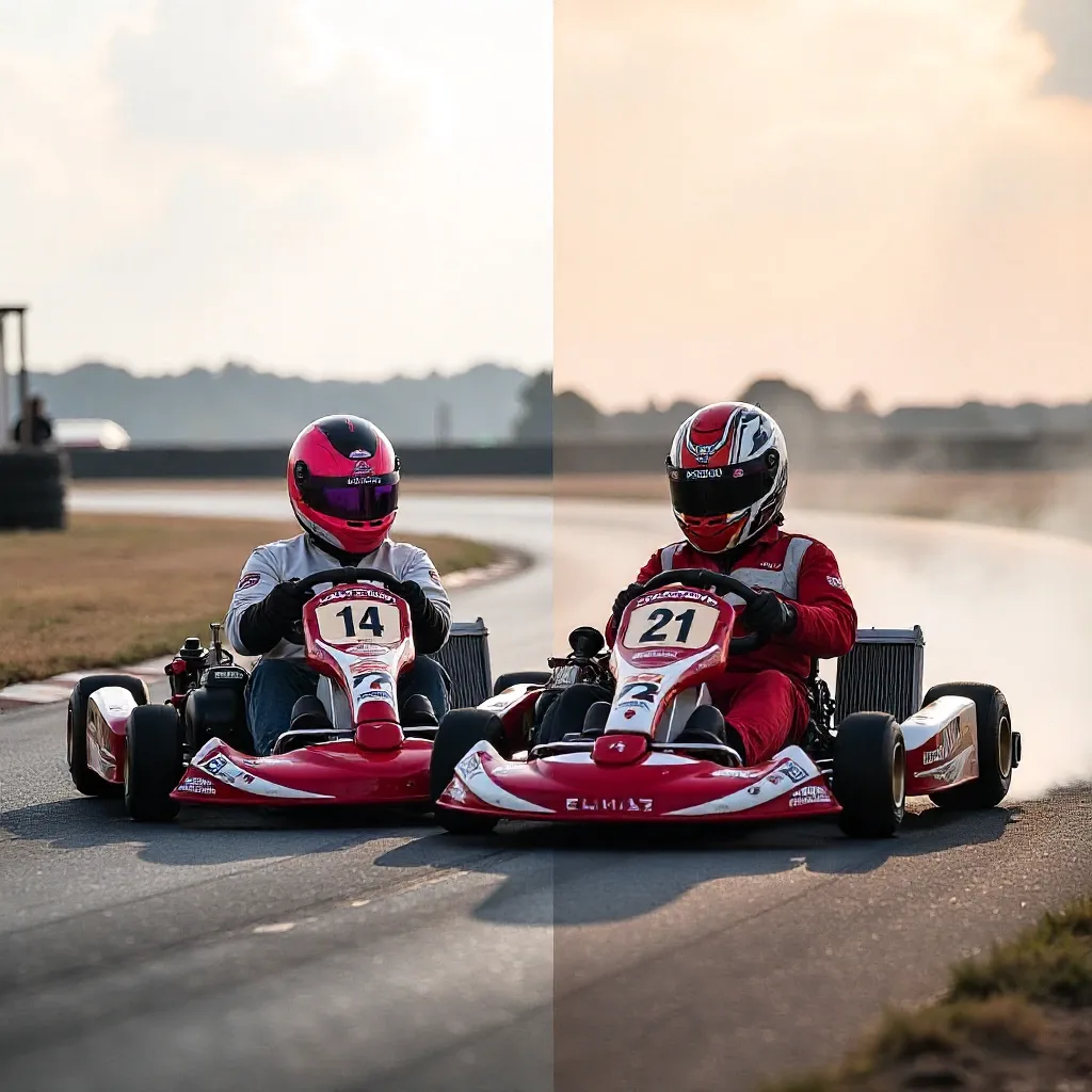 Illustration montrant le karting familial de Cabourg avec enfants et le karting technique de Deauville avec pilotes confirmés.