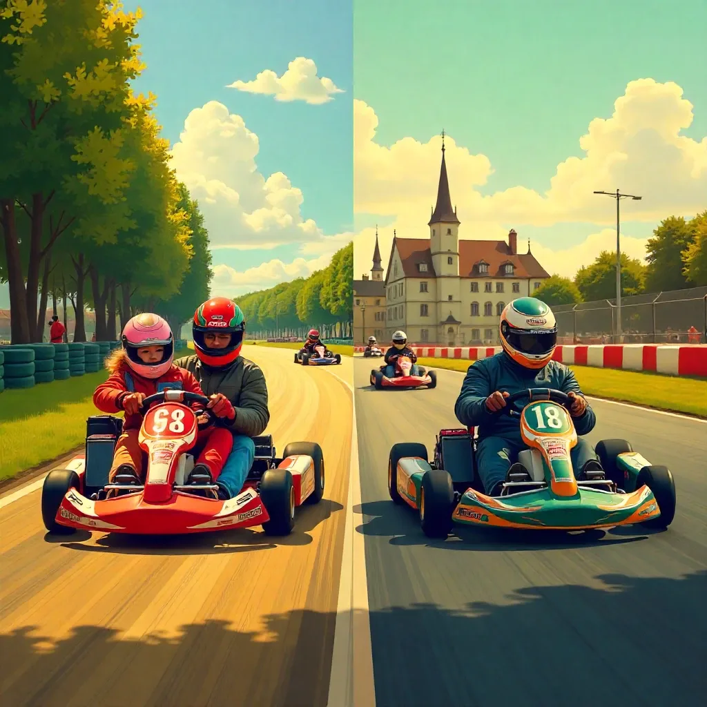 Illustration avec icônes représentant les différences entre Cabourg et Deauville : piste courte vs longue, casque enfant vs adulte, et jetons symbolisant les tarifs.
