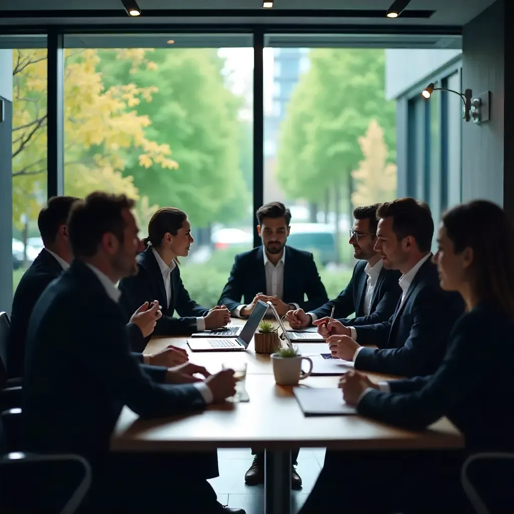 Illustration d’une équipe en réunion préparant un séminaire d’entreprise avec documents et rétroplanning.