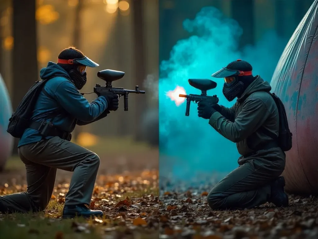 Infographie comparant le paintball classique et le paintball scénarisé : durée, immersion, complexité stratégique et cohésion d’équipe.