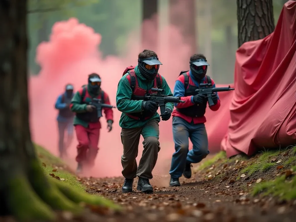 Groupe de joueurs équipés de masques et lanceurs de paintball progressant en forêt dans un scénario immersif, symbolisant le paintball scénarisé Team Active.