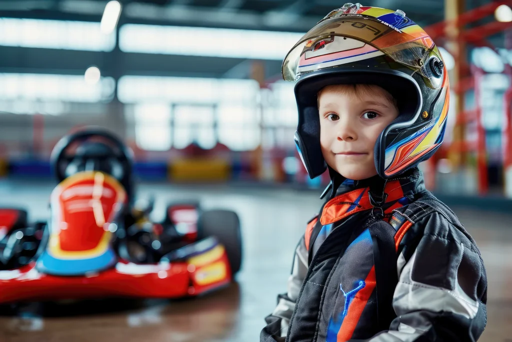 Jeune garçon équipé d’un casque et d’une combinaison prêt pour une course de karting enfant à Deauville.