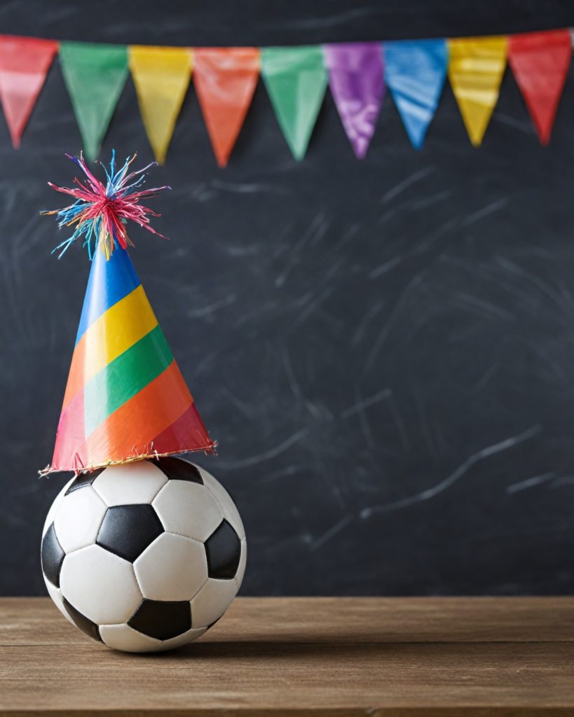 Activité festive et sportive à Deauville ballon de football avec un chapeau de fête coloré et des fanions, illustrant une activité sportive et conviviale à Deauville en été.