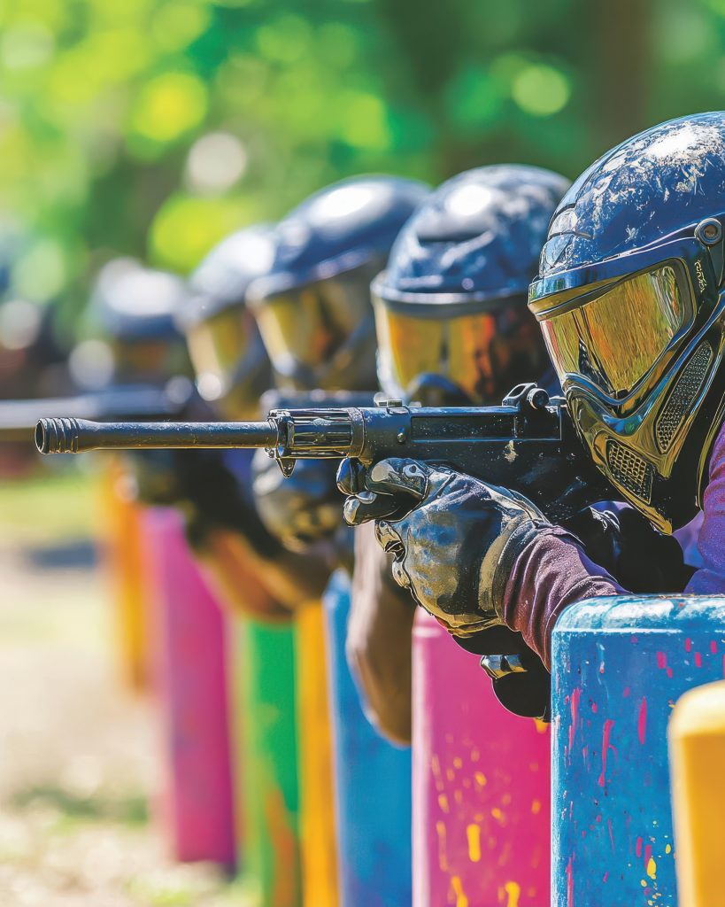 Techniques de tir en équipe au paintball Joueurs alignés avec leur équipement et fusils de paintball, illustrant comment bien viser au paintball grâce à la concentration et au tir coordonné.