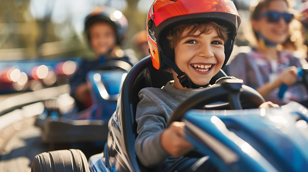 enfant souriant conduisant un kart bleu avec casque rouge lors d’une activité de karting enfant à Deauville.