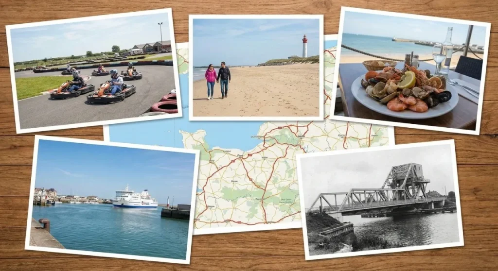 Gemini a dit Collage de photos illustrant diverses activités et lieux touristiques à Ouistreham et ses environs en Normandie, tels que le karting, la plage, la gastronomie et l'histoire, disposées sur une carte routière.