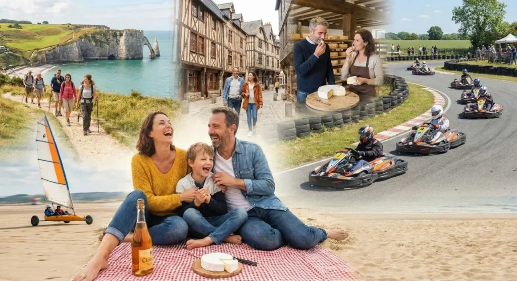 Composition montrant une famille pique-niquant joyeusement sur une plage, entourée de plusieurs vignettes illustrant des activités de vacances en Normandie telles que le char à voile, la randonnée, le karting et la dégustation de produits locaux.