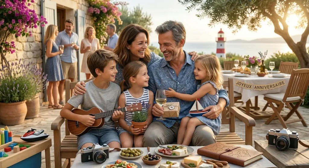 Une famille fête joyeusement l'anniversaire du père autour d'un repas en terrasse sur la côte méditerranéenne.