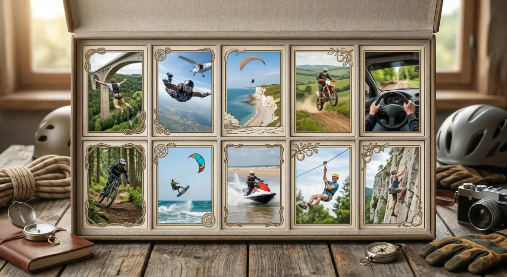Une boîte de présentation ouverte sur une table en bois rustique expose dix cartes illustrées d'activités d'aventure comme le saut à l'élastique, le parapente et le kitesurf, entourée d'équipements de plein air comme un casque, une corde et une boussole.
