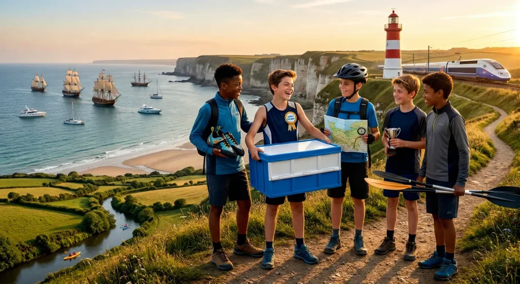 Cinq jeunes garçons célèbrent joyeusement un anniversaire sur une falaise côtière, entourés de voiliers traditionnels et d'un TGV moderne.