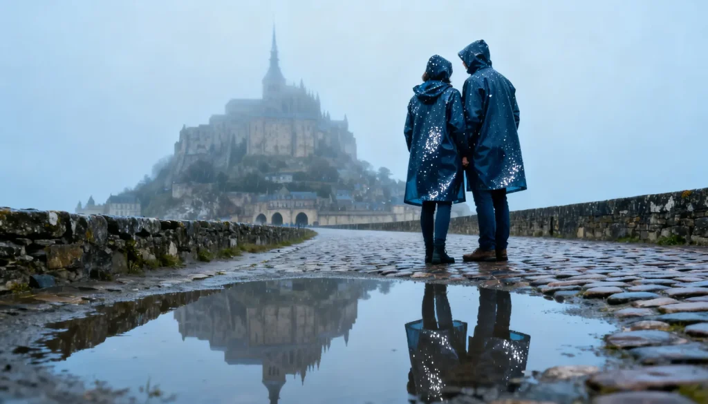 Un couple sous la pluie regardant le mont st Michel