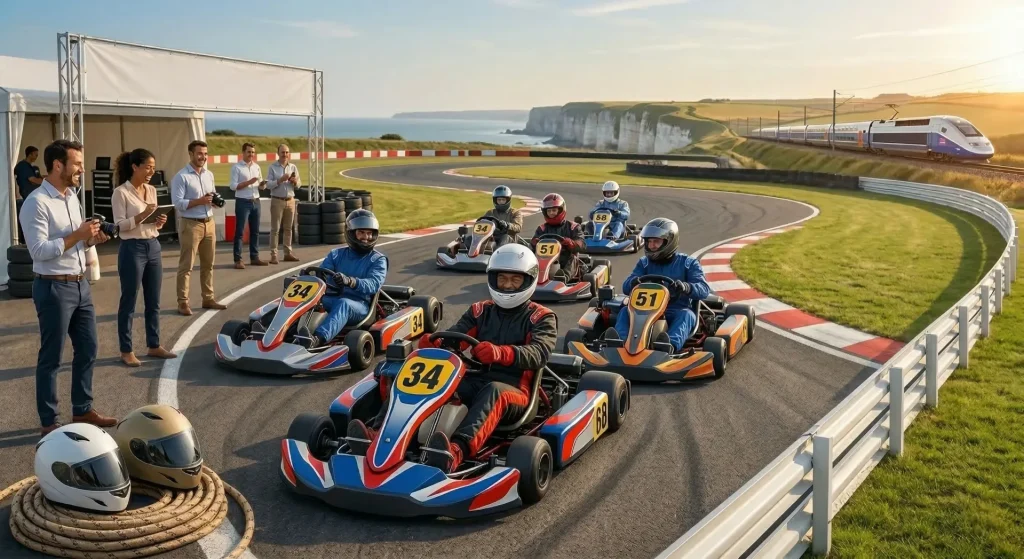 Des pilotes en karts s'affrontent sur un circuit côtier bordé de falaises tandis qu'un TGV passe en arrière-plan et qu'un groupe d'observateurs regarde depuis le paddock.