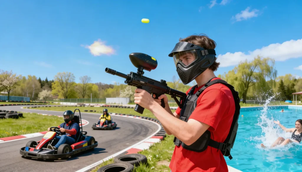 du karting sur une piste, un garçon faire du paintball et une femme dans une piscine.