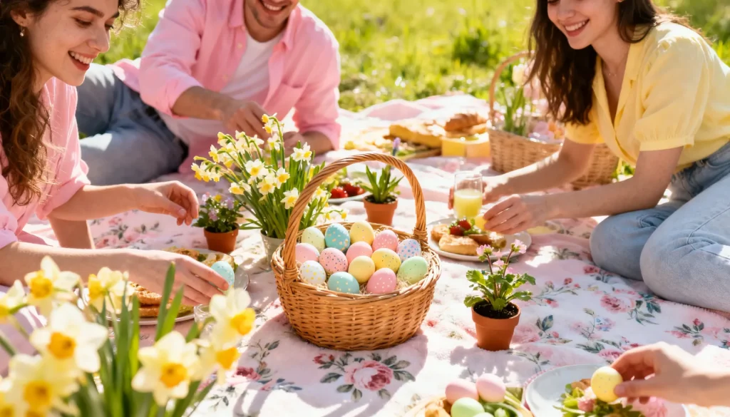 Un famille fait un pique-nique de pâques en plein air.