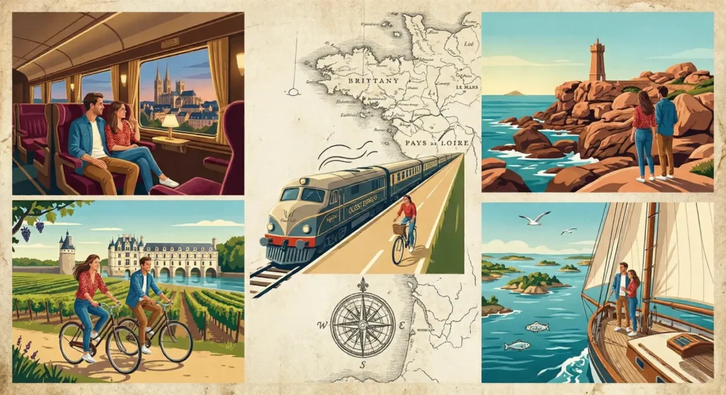 Un collage d'illustrations de voyage vintage sur papier vieilli, présentant des couples explorant la Bretagne et les Pays de la Loire en train Ouest Express, à vélo et à voile.