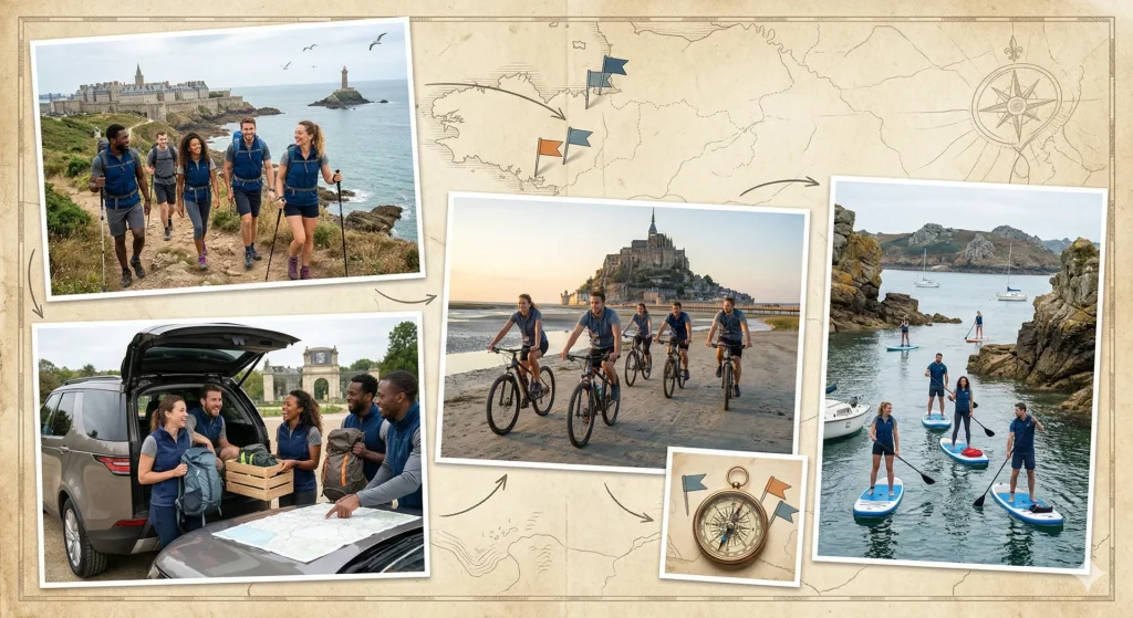 Un collage de photos sur une carte vintage montrant un voyage d'aventure en groupe en Bretagne, avec de la randonnée, du vélo près du Mont-Saint-Michel et du stand-up paddle.
