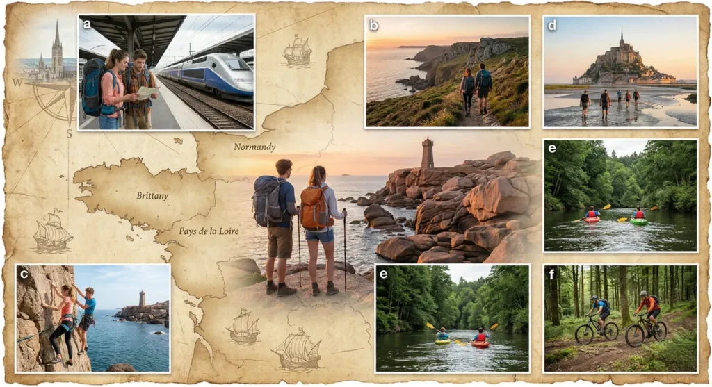 Gemini a dit
Un collage de photos d'aventures en plein air en France, incluant la randonnée, le kayak, le VTT et l'escalade, présenté sur une carte vintage.