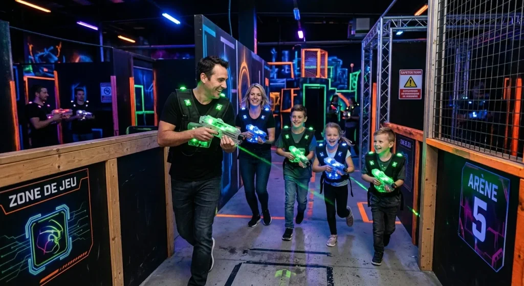 Un famille fait une activité indoor laser game