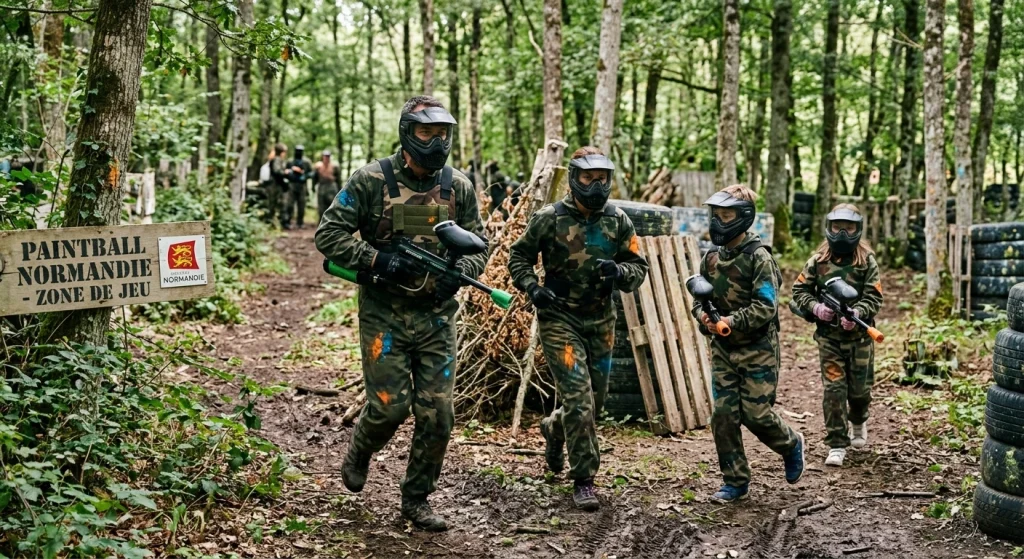 une famille fait des activité de paintball en automne à Cabourg