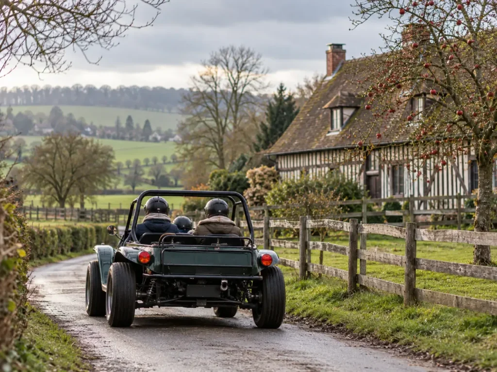 Balade en buggy vintage dans la campagne du Pays d'Auge en hiver
