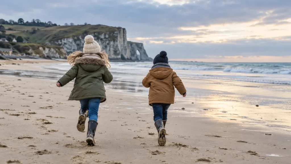 Enfants qui courent sur une plage de la Côte de Nacre en hiver