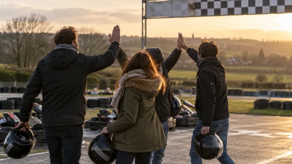 Équipe de collègues qui se félicitent à l'arrivée d'une course de karting en plein air