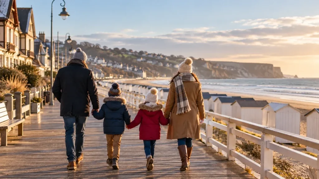 Famille en balade sur le front de mer pendant les vacances de Noël dans le Calvados