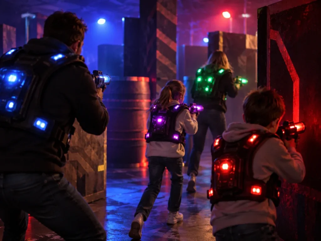 Famille qui joue au laser game pendant les fêtes de fin d'année