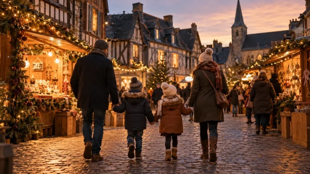 Famille se promenant dans un marché de Noël en Normandie à la tombée de la nuit
