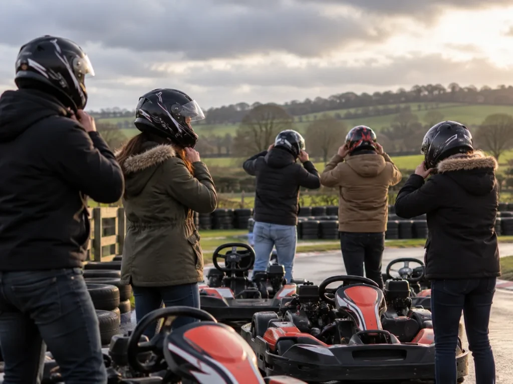 Groupe d'amis qui se prépare pour une session de karting en plein air près de Deauville