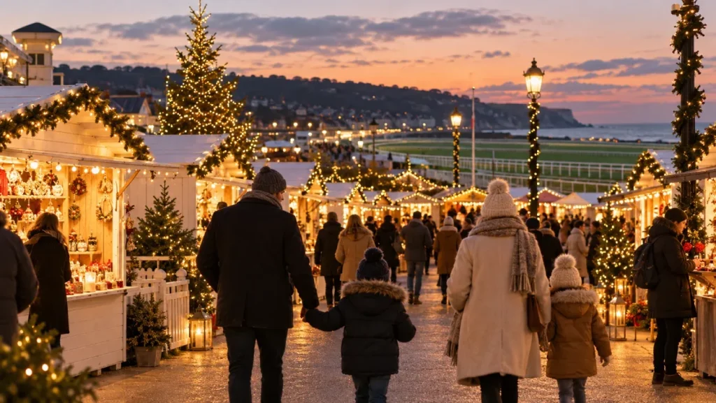 Marché de Noël illuminé avec chalets et sapin sur la Côte Fleurie